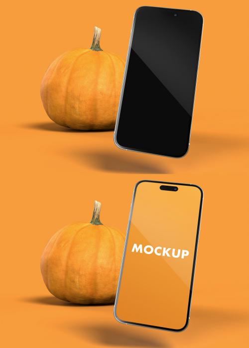 Phone Mockup and Pumpkin in an Yellow Background