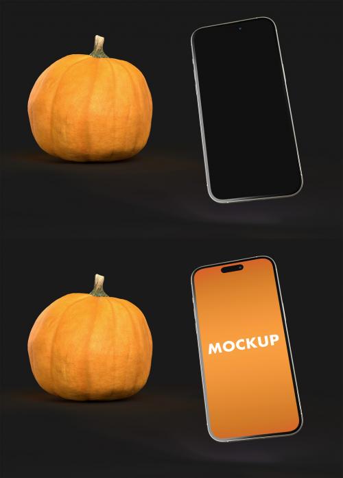 Phone Mockup and Halloween Pumpkin on a Black Background