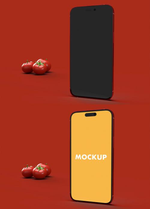 Red Phone Mockup and with Tomatoes on a Red Backgroud.Zip
