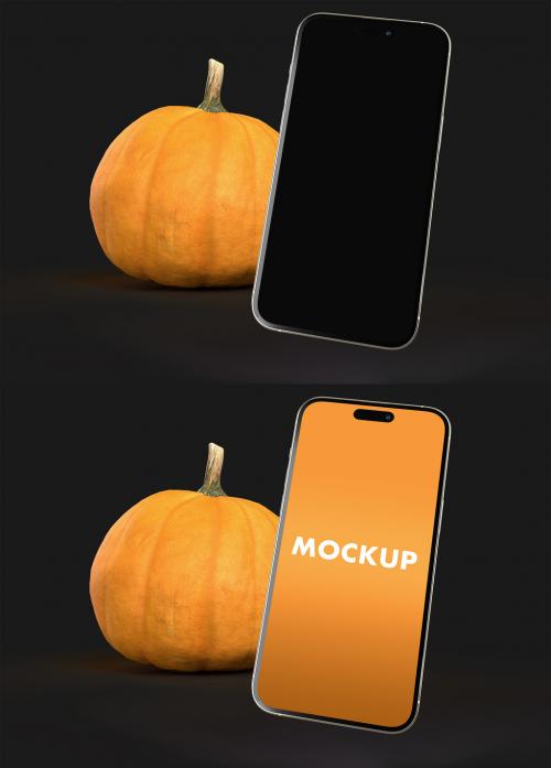 Phone Mockup Mockup with a Realistic Pumpkin on an Black Background