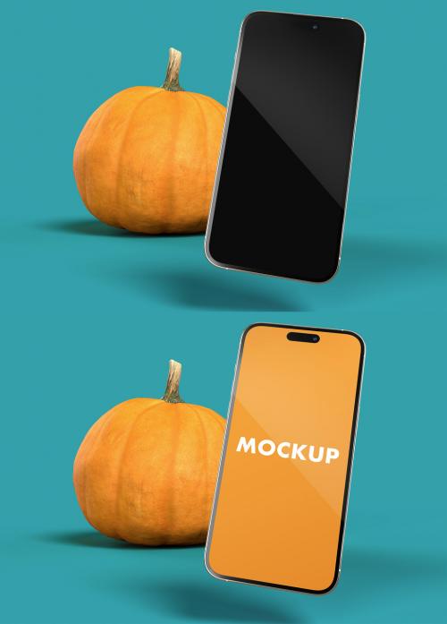 Phone Mockup and Pumpkin in an Turquoise Background