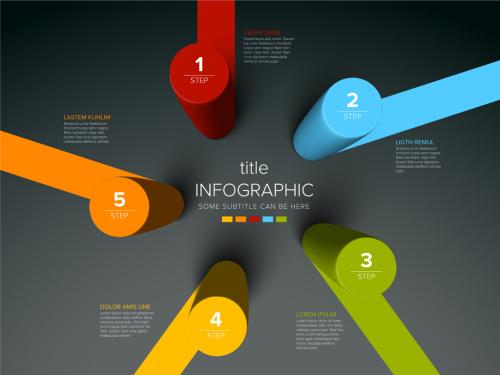 Minimalistic Five Steps Template with Cylindric Circle Steps on Dark Background