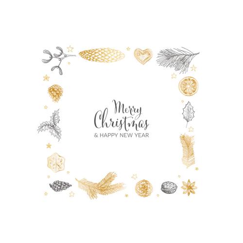 Vector Vintage Hand Drawn Christmas Card with Golden Gray Square Wreath