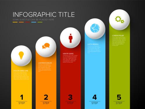 Five Rounded Steps Elements Template with Stripes and White Spheres on Dark Background