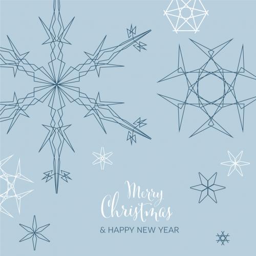 Winter Christmas Card Layout Template with Geometry Blue Snowflakes