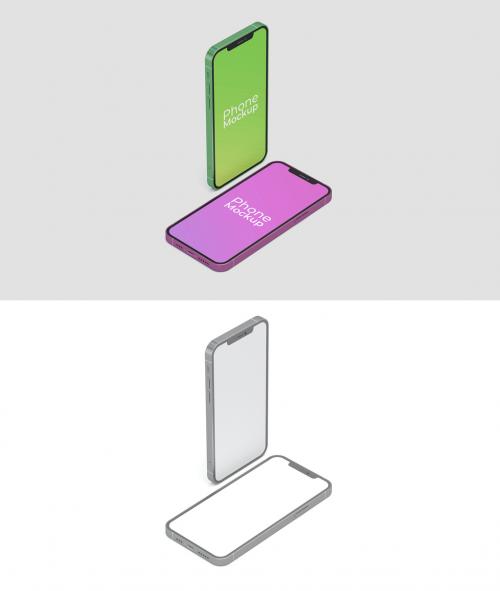 Stand and Lying Phones Mockup Isometric View