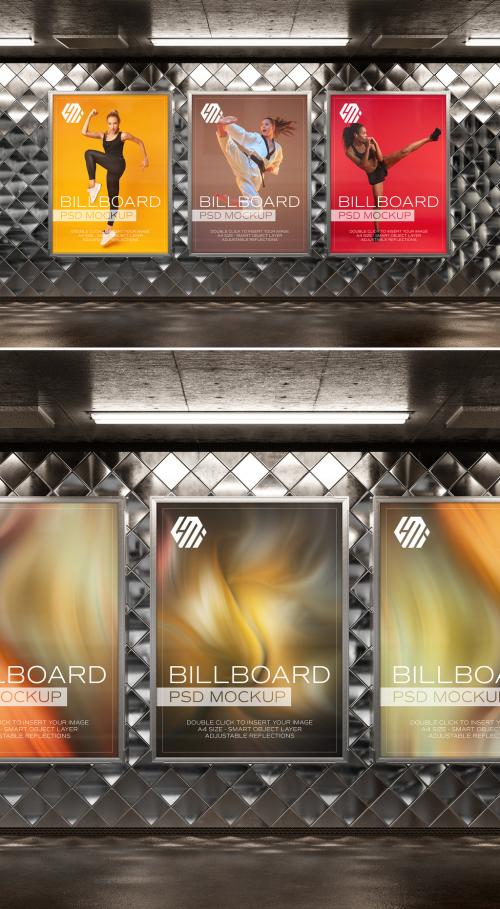 Three Billboards on Underground Subway Wall Mockup