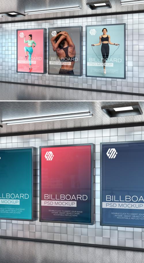 Three Billboards on Underground Subway Wall Mockup