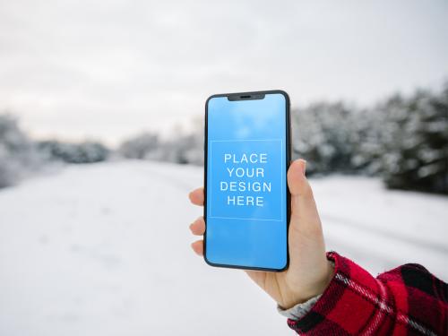 Mockup Template Phone at the Winter Forest