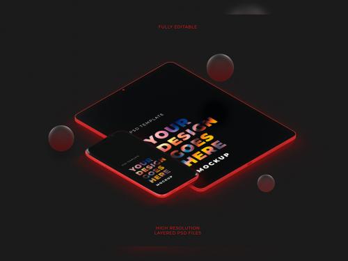 Floating Isometric Smartphone Mockup with Black Tablet on Dark Yellow Background