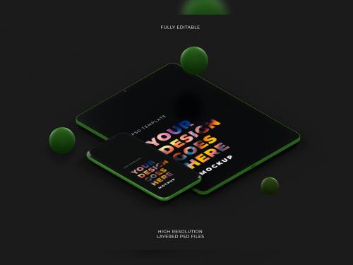 Isometric View of Black Smartphone and Tablet with Floating Objects Mockup