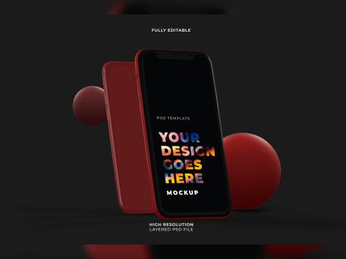 Vertical Black Smartphone Mockup with Floating 3D Objects on Dark Background