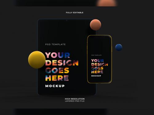 Vertical Black Tablet and Smartphone Mockup in Dark Style with 3D Geometry Shapes