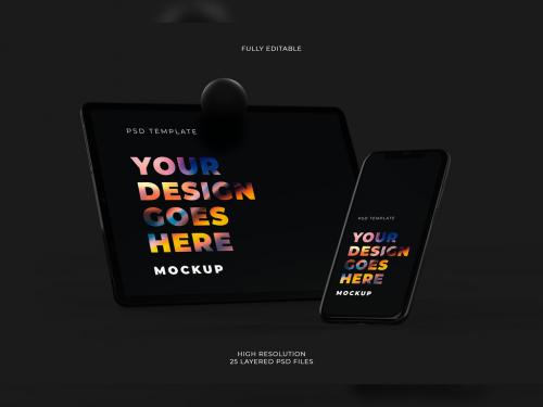 Vertical Dark Smartphone and Tablet Mockup with Perspective View