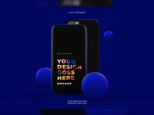 Vertical Front Black Smartphone Mockup with Dark Blue Background