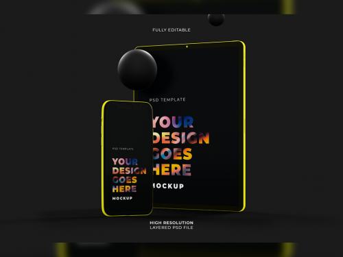 Vertical Black Tablet and Horizontal Smartphone Mockup with Dark Style