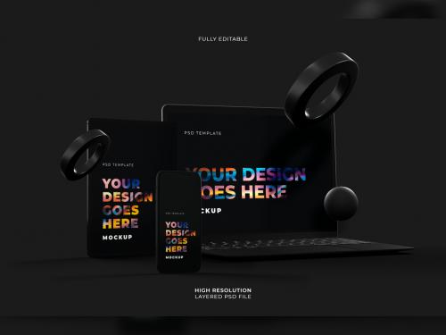 Black Laptop with Smartphone and Tablet Mockups on Dark Background with Floating Geometry Circles