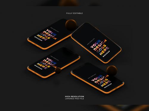 Black Smartphones Mockup with 3D Geometry Floating Shapes on Dark Green Background