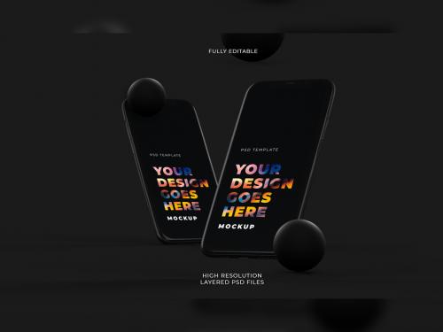 Black Smartphones Mockup with Isometric View on Dark Background