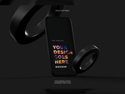 Close-Up Detailed Vertical Black Smartphone Mockup in Dark Style with Floating Rings