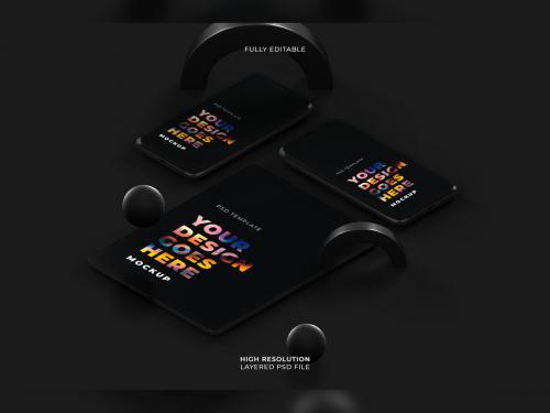 Realistic Vertical Black Smartphones Mockup with Dark Background and 3D Geometry Objects