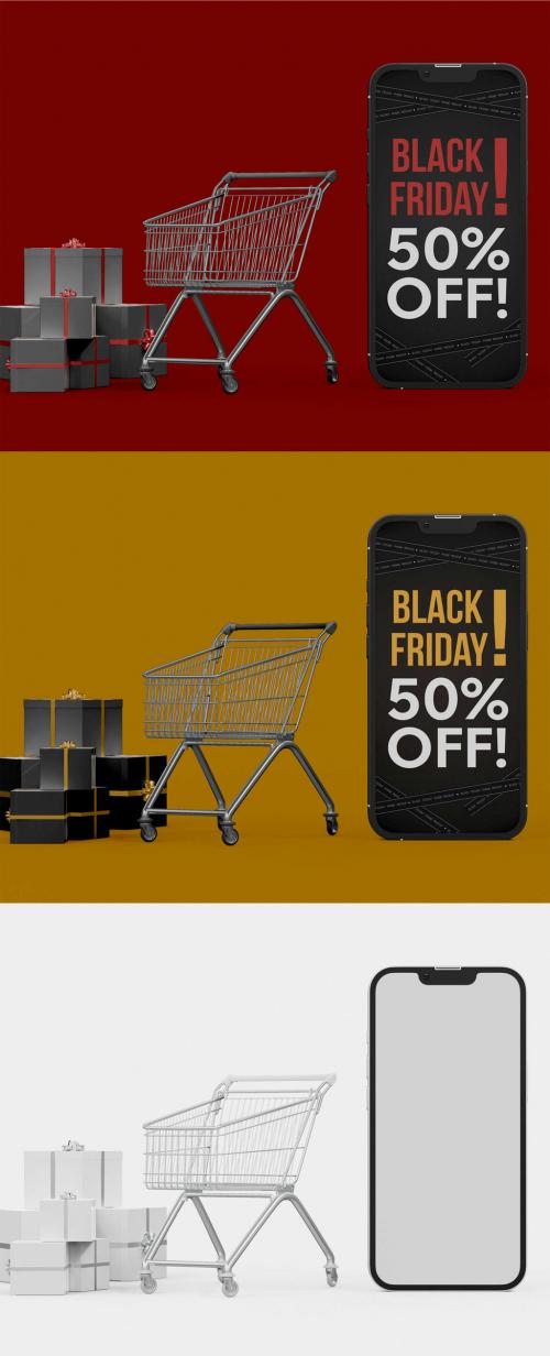 Smartphone for Black Friday Next to Shopping Cart Mockup