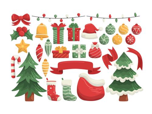 Christmas Vector Illustrations of Gifts Decorations Christmas Tree