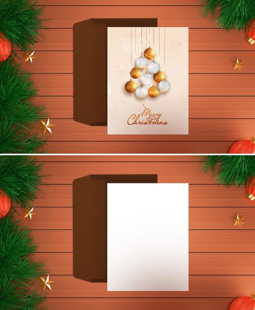 Christmas Invitation Mock Up with 3D Render of Fir Trees and Red Ball on Wooden Background