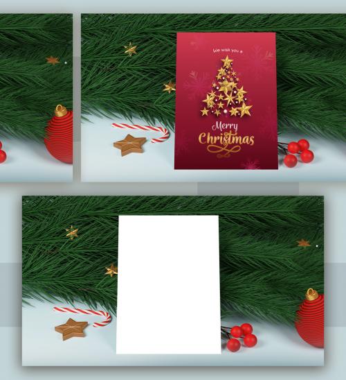 Christmas Invitation Mock Up with 3D Render of Fir Trees and Golden Stars and Mistletoe