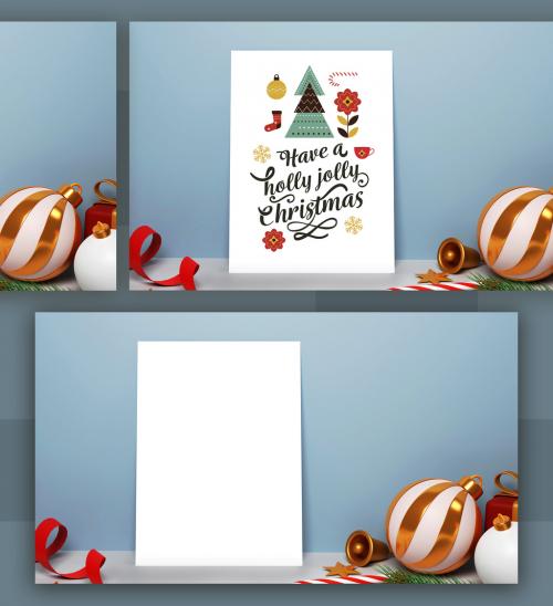 Christmas Invitation Mock Up with 3D Render of Christmas Ball and Bell and Red Ribbon