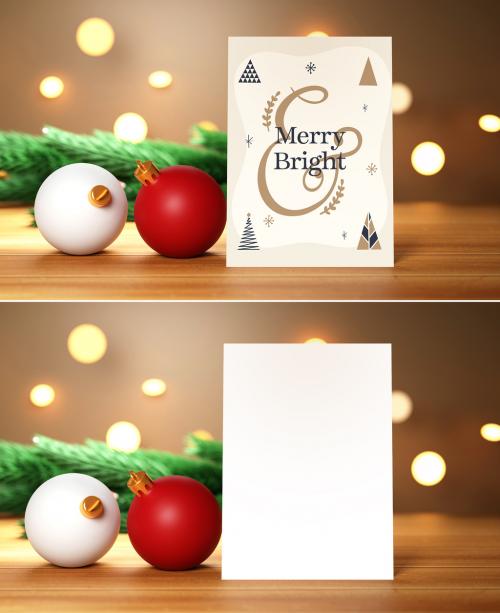 Christmas Invitation Mock Up with 3D Render of Fir Trees and Red and White Christmas Ball