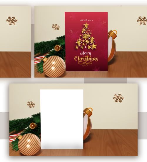 Christmas Invitation Mock Up with 3D Render of Golden Balls and Fir Trees