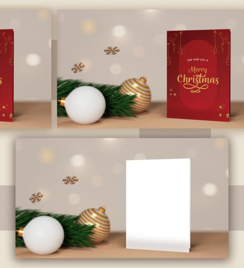 Christmas Invitation Mock Up with 3D Render of Golden Balls and Fir Trees and Snowflakes