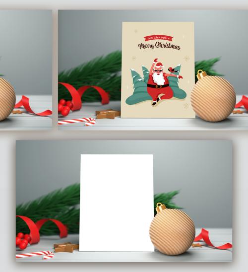 Christmas Invitation Mock Up with 3D Render of Golden Balls and Fir Trees and Red Ribbon