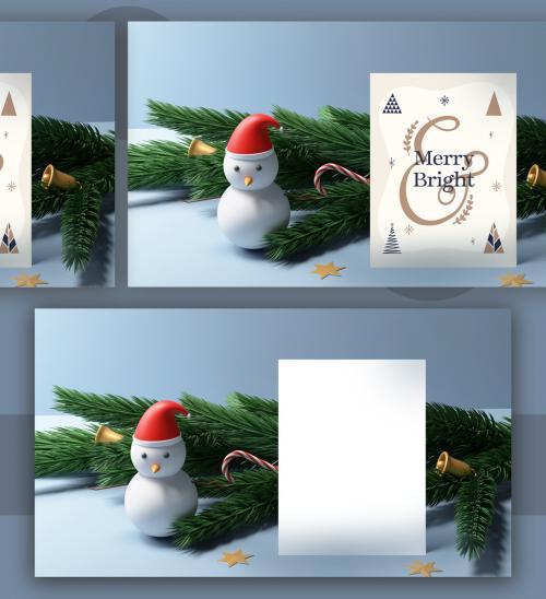 Christmas Invitation Mock Up with 3D Render of Snowman and Fir Trees and Golden Elements