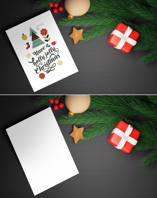 Christmas Invitation Mock Up with 3D Render of Fir Trees and Gift Box and Stars