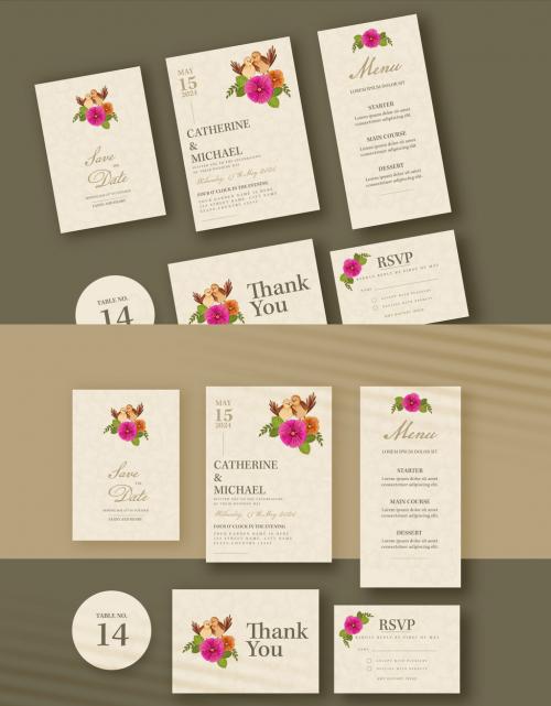 Cute Birds and Flowers Decorated Wedding Stationery Set