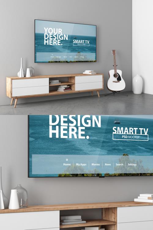 Smart Tv Mock Up with White Acoustic Guitar in Modern Room