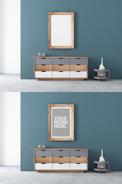 Verticall Wooden Poster Frame Mockup Hanging Above Moderrn Chest