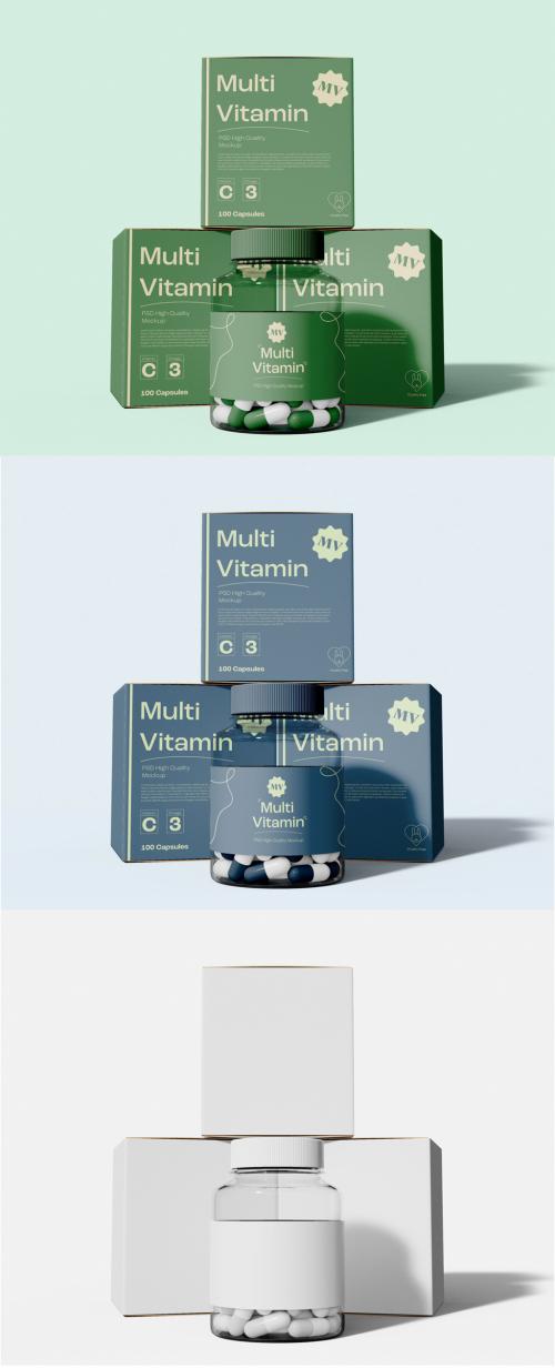 Pills Bottle and Three Box Packaging Mockup