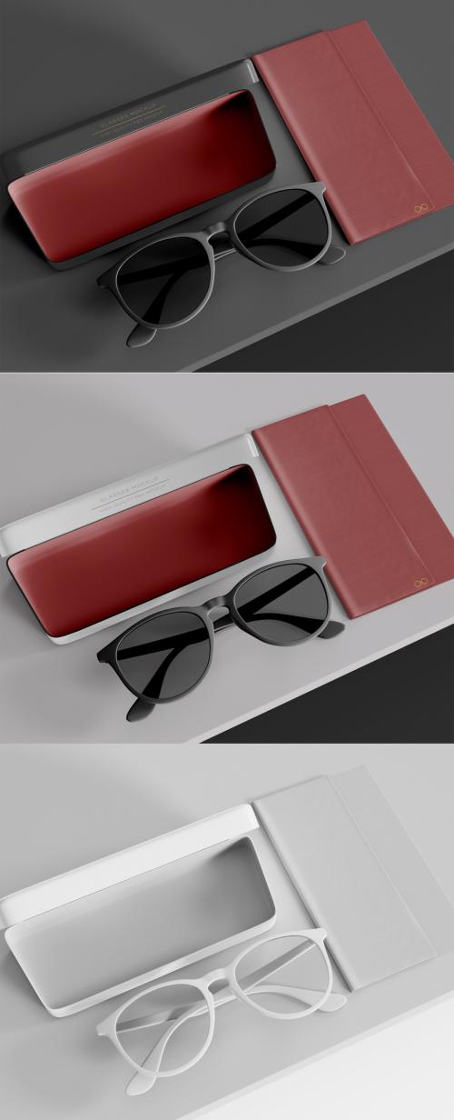 Glasses with Case and Microfiber Cleaning Mockup