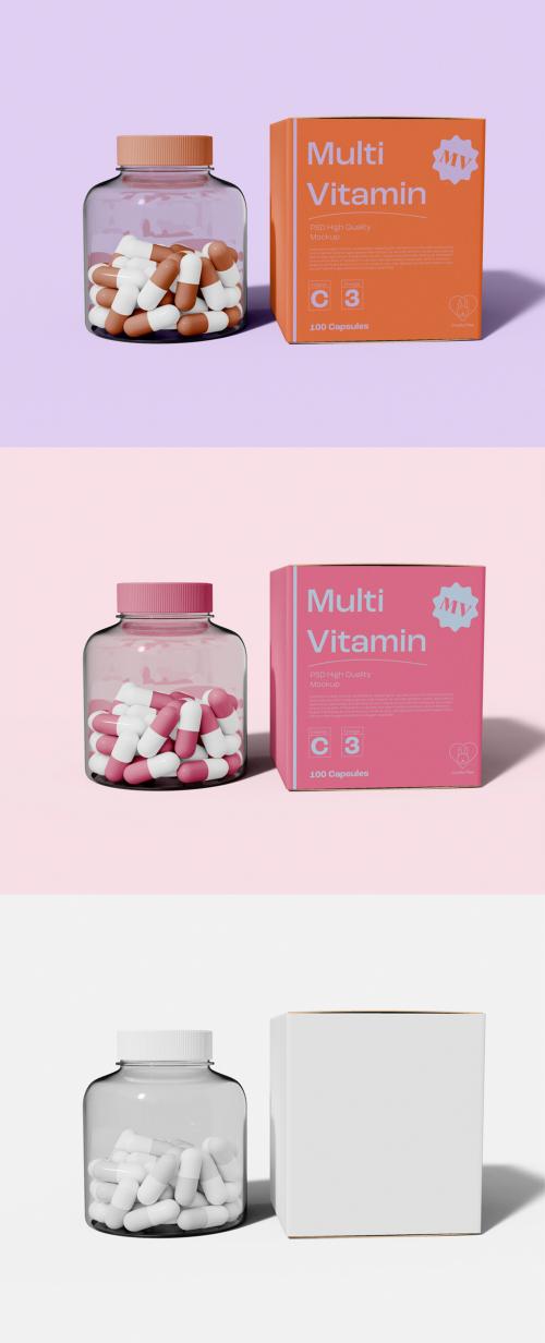 Pills Bottle and Box Packaging Mockup