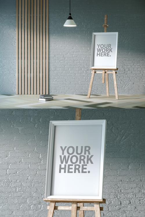 Vertical White Poster Frame Mockup Standing on Wooden Easel in Room