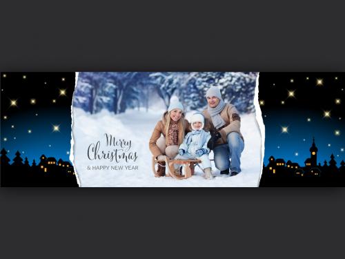 Christmas Banner Social Media Header Layout with Night Village Landscape and Place for Your Photo