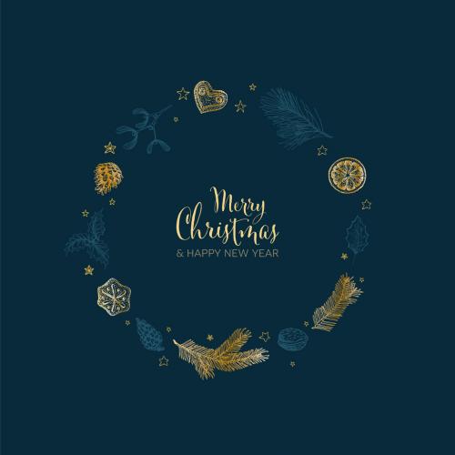 Vector Dark Vintage Hand Drawn Christmas Card with Golden Gray Wreath