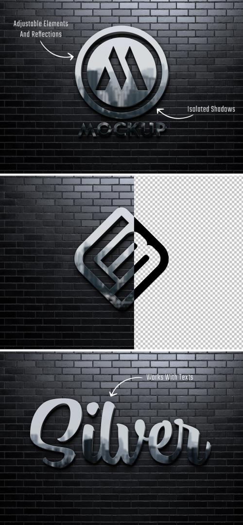 Metal Logo Mockup with 3D Reflection Effect on Dark Brick Wall