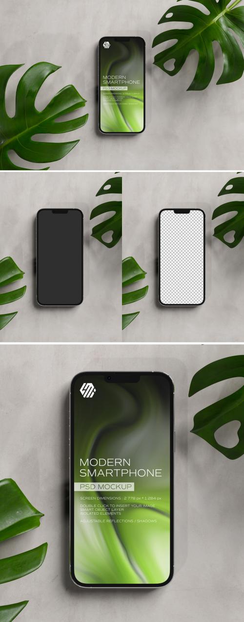 Mobile Phone Mockup on Concrete with Leaves