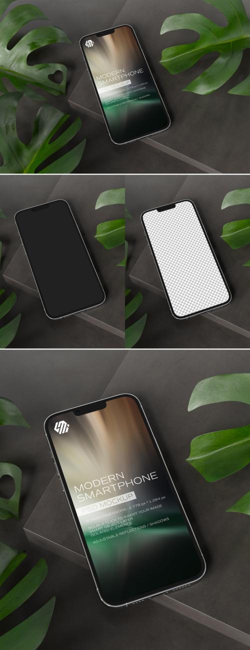 Mobile Phone Mockup on Black Concrete with Leaves