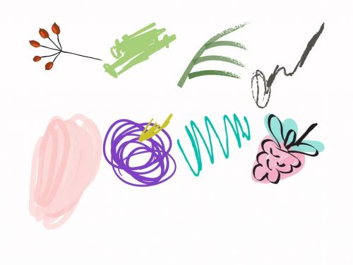 Set of Artistic Hand Drawn Fruits Flowers and Scribbles