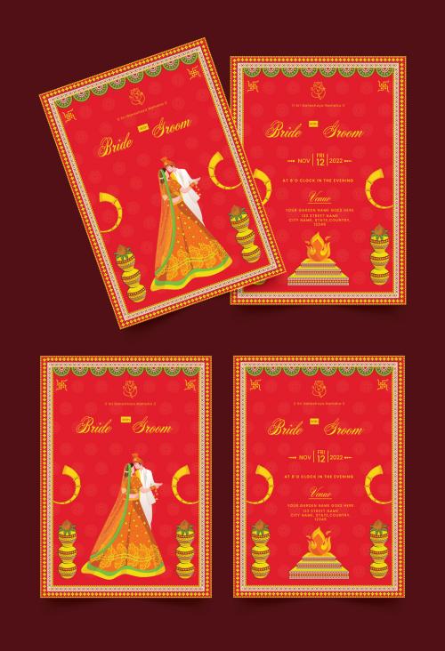Red Hindu Wedding invitation with traditional bride and groom illustrations and wedding ornaments. 